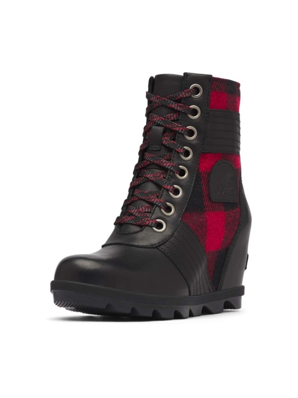 New! Sorel Lexie Wedge Boot Red Black Buffalo Plaid Check